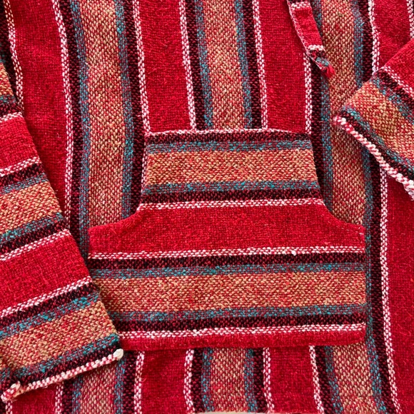 Vintage Mexican Baja Blanket Drug Rug Hoodie Red Blue Surfer Skater Poncho S M - Picture 8 of 11